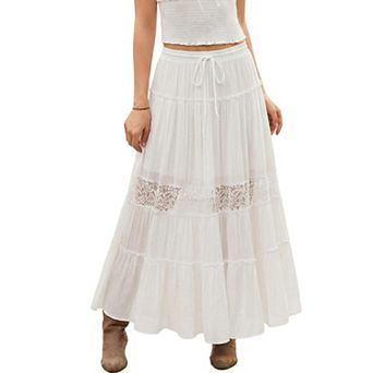 Women's Boho Lace Tiered Maxi Skirt Elastic Waist Pockets Casual Beach Vacation