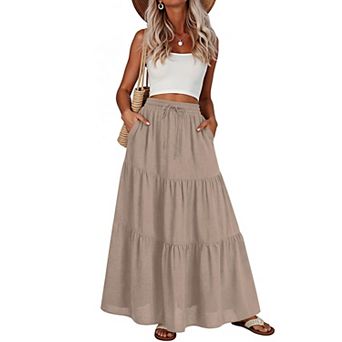 Womens Pleated Tiered A Line Maxi Skirt Elastic Waist Pockets