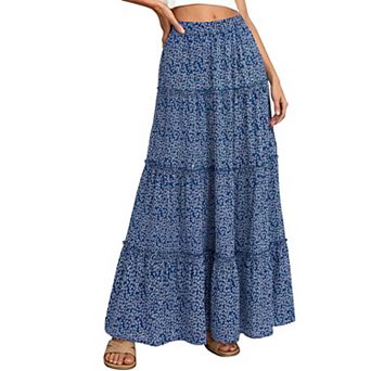 Womens Elastic Waist Tiered Flowy Boho Maxi Skirt Summer Spring Vacation Beach Outfits