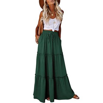 Womens Elastic High Waist Tie Flowy Tiered Ruffled Maxi Skirt With Pockets