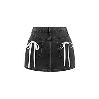 Women Bow Denim Mini Skirt Low Waisted Stretch Casual Streetwear
