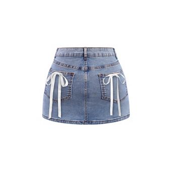 Women Bow Denim Mini Skirt Low Waisted Stretch Casual Streetwear