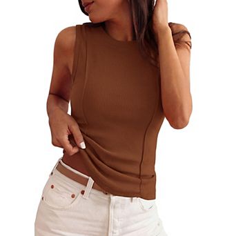 Women's Y2K Ribbed Sleeveless Cropped Tank Tops Crew Neck Stretchy Casual Tops