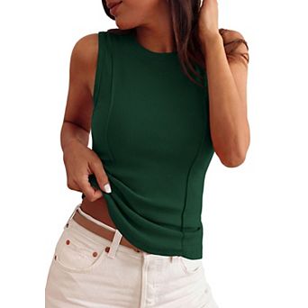 Women's Y2K Ribbed Sleeveless Cropped Tank Tops Crew Neck Stretchy Casual Tops