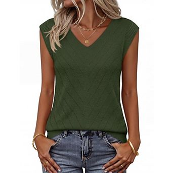 Womens Sleeveless V Neck Eyelet Knit Tank Top Casual Layering Blouse
