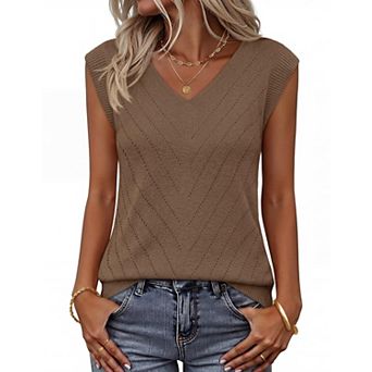 Womens Sleeveless V Neck Eyelet Knit Tank Top Casual Layering Blouse