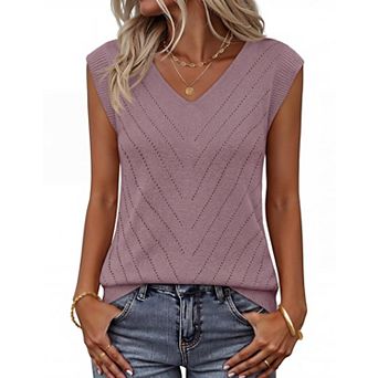 Womens Sleeveless V Neck Eyelet Knit Tank Top Casual Layering Blouse