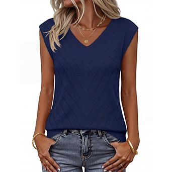 Womens Sleeveless V Neck Eyelet Knit Tank Top Casual Layering Blouse