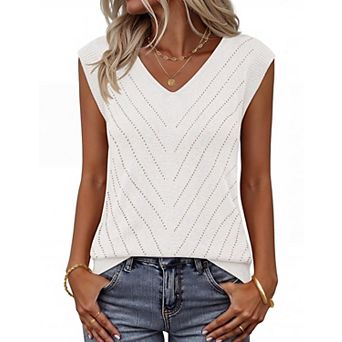 Womens Sleeveless V Neck Eyelet Knit Tank Top Casual Layering Blouse