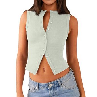 Womens Ribbed Sleeveless Crop Tank Top Y2K Casual Going Out Tops