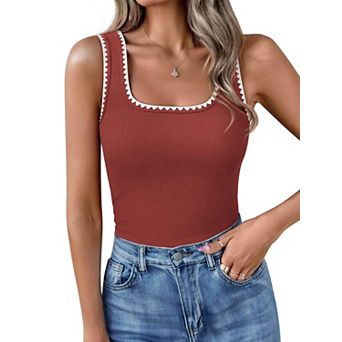 Women Square Neck Tank Tops Casual Slim Fitted Ribbed Sleeveless Shirts