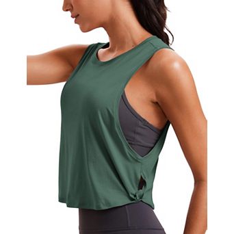 Women Sleeveless Loose Fit Cropped Workout Tops Soft Knotted Side Crewneck