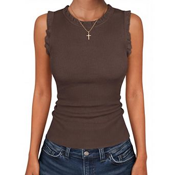Womens Ruffle Ribbed Crew Neck Sleeveless Stretchy Casual Tank Tops