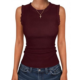 Womens Ruffle Ribbed Crew Neck Sleeveless Stretchy Casual Tank Tops