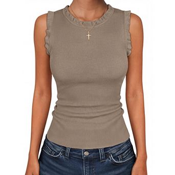 Womens Ruffle Ribbed Crew Neck Sleeveless Stretchy Casual Tank Tops