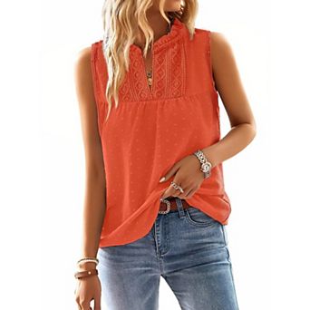 Womens Summer V Neck Swiss Dot Crochet Sleeveless Flowy Tank Top