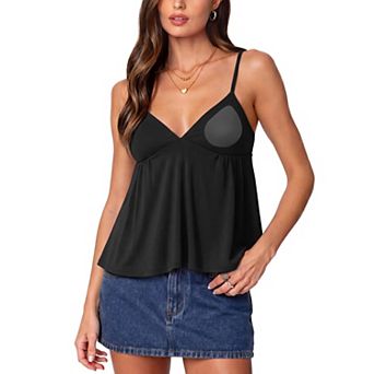 Women V Neck Babydoll Tank Tops Built In Bra Peplum Cami Summer Going Out