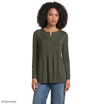 Women's Lands' End Long Sleeve Lightweight Pintuck Half Button Front Tunic