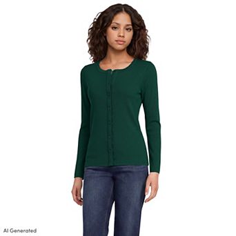 Women's Lands' End Long Sleeve Micro Rib Lace Trim Button-Down Cardigan Sweater