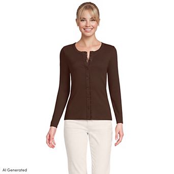 Women's Lands' End Long Sleeve Micro Rib Lace Trim Button-Down Cardigan Sweater