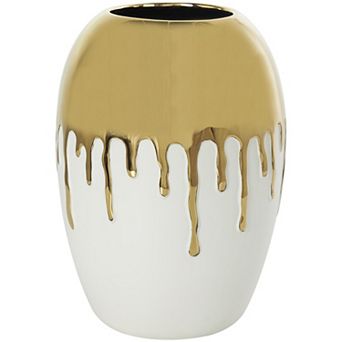 CosmoLiving by Cosmopolitan Ceramic Decorative Vase with Abstract Gold Drips