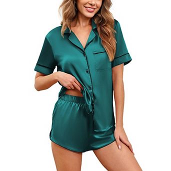 Ekouaer Womens Satin Pajama Set Short Sleeve Notch Collar Button Down Top and Shorts
