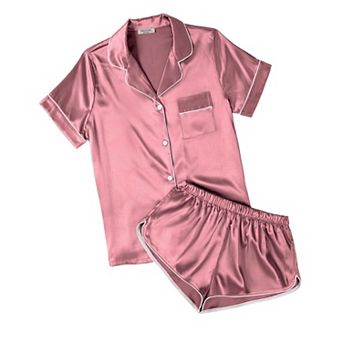 Ekouaer Womens Satin Pajama Set Short Sleeve Notch Collar Button Down Top and Shorts