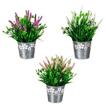 nearly natural Artificial Lavender Plant Decorative Daisy Tin Planter - Set of 3