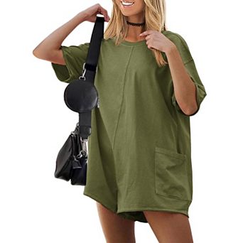 Ekouaer Summer Rompers for Women Short Sleeve Oversized T-shirt Romper Reversible Baggy Jumpsuit