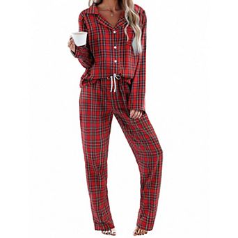 Ekouaer Womens Pajama Sets Two Piece Cotton Plaid Pajamas Long Sleeve Button Down Lounge Set