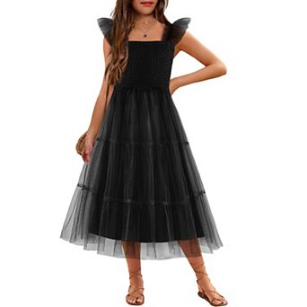 Arshiner Tween Girls Ruffle Strap Smocked Tiered Tulle Long A-Line Summer Party Sundress