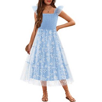 Arshiner Tween Girls Ruffle Strap Smocked Tiered Tulle Long A-Line Summer Party Sundress
