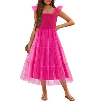 Arshiner Tween Girls Ruffle Strap Smocked Tiered Tulle Long A-Line Summer Party Sundress