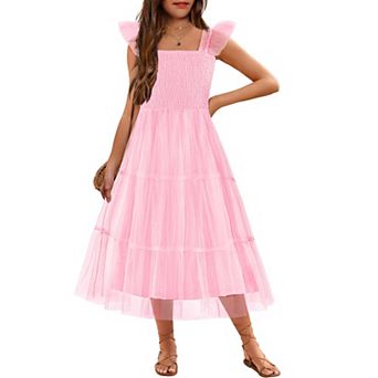 Arshiner Tween Girls Ruffle Strap Smocked Tiered Tulle Long A-Line Summer Party Sundress