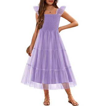 Arshiner Tween Girls Ruffle Strap Smocked Tiered Tulle Long A-Line Summer Party Sundress