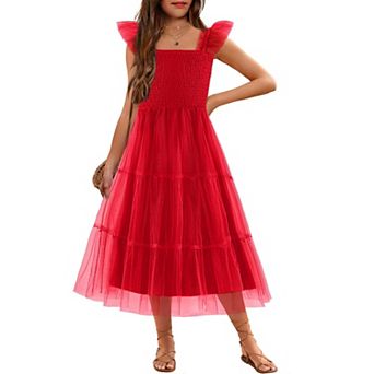 Arshiner Tween Girls Ruffle Strap Smocked Tiered Tulle Long A-Line Summer Party Sundress