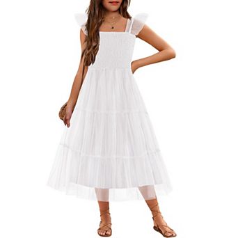 Arshiner Tween Girls Ruffle Strap Smocked Tiered Tulle Long A-Line Summer Party Sundress
