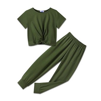 Arshiner Girls 66 pc Twist Front Short Sleeve Crop Top Jogger Tracksuit Outfit Set