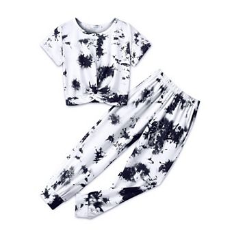Arshiner Girls 21 pc Twist Front Short Sleeve Crop Top Jogger Tracksuit Outfit Set