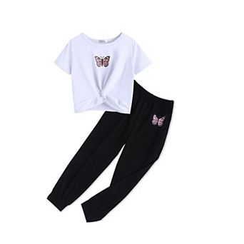 Arshiner Girls 21 pc Twist Front Short Sleeve Crop Top Jogger Tracksuit Outfit Set