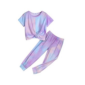 Arshiner Girls 66 pc Twist Front Short Sleeve Crop Top Jogger Tracksuit Outfit Set