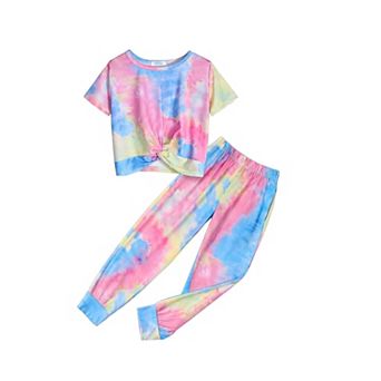 Arshiner Girls 66 pc Twist Front Short Sleeve Crop Top Jogger Tracksuit Outfit Set