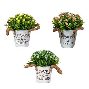 nearly natural Artificial Mixed Button Pom Plant in Rustic Planters - Set of 3