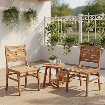 Natural Wood Armless Patio Chair with Slanted Back and Slatted Seat