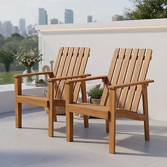 2 Pack Acacia Wood Outdoor Patio Chair with Slatted Backrest and Seat Built-in Armrest