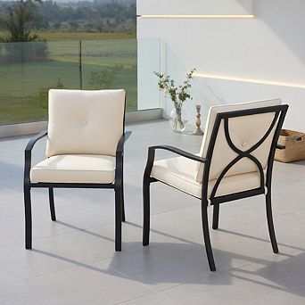 Metal Outdoor Dining Chair Set of 2 Stackable Patio Chairs with Armrests-Beige