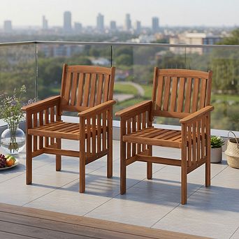 Patio Chairs Set of 2 Outdoor Solid Wood Chairs with Slatted Seat and Inclined Backrest