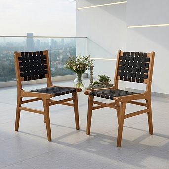 Solid Teak Hand-Woven Strap Outdoor Dining Chair with Flex Support for Deck Garden