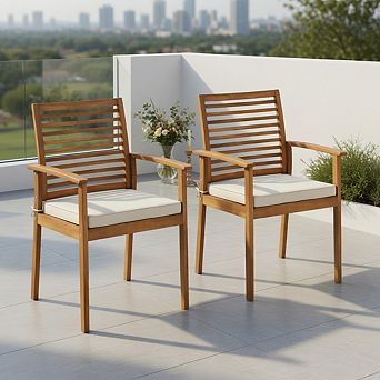 Outdoor Patio Dining Chairs Set of 2 with Removable Padded Cushion and Slatted Backrest-Beige