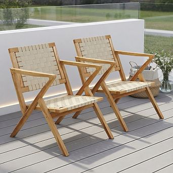 Outdoor and Indoor Teak Wood Patio Chair wuth Webbing Seat and Backrest-Natural